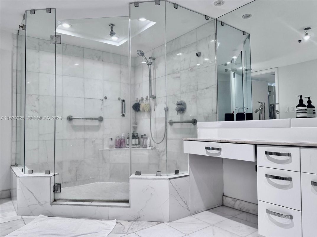 Bathroom, Glass Shower, Interior, Marble, Marble Walls, Recessed Lighting
