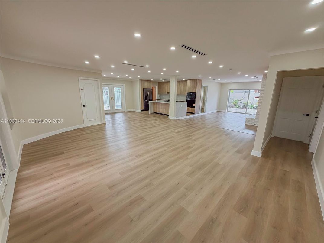 Empty room, Interior, Kitchen, Recessed Lighting, Wood Texture Flooring