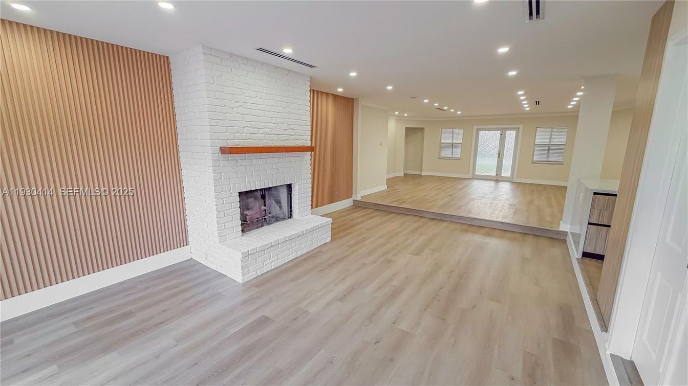 Empty room, Fireplace, Interior, Recessed Lighting, Wood Texture Flooring