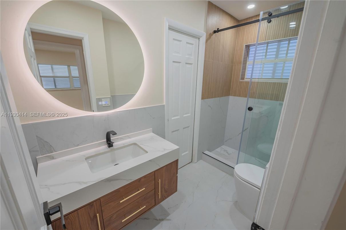 Bathroom, Glass Shower, Interior, Marble, Recessed Lighting