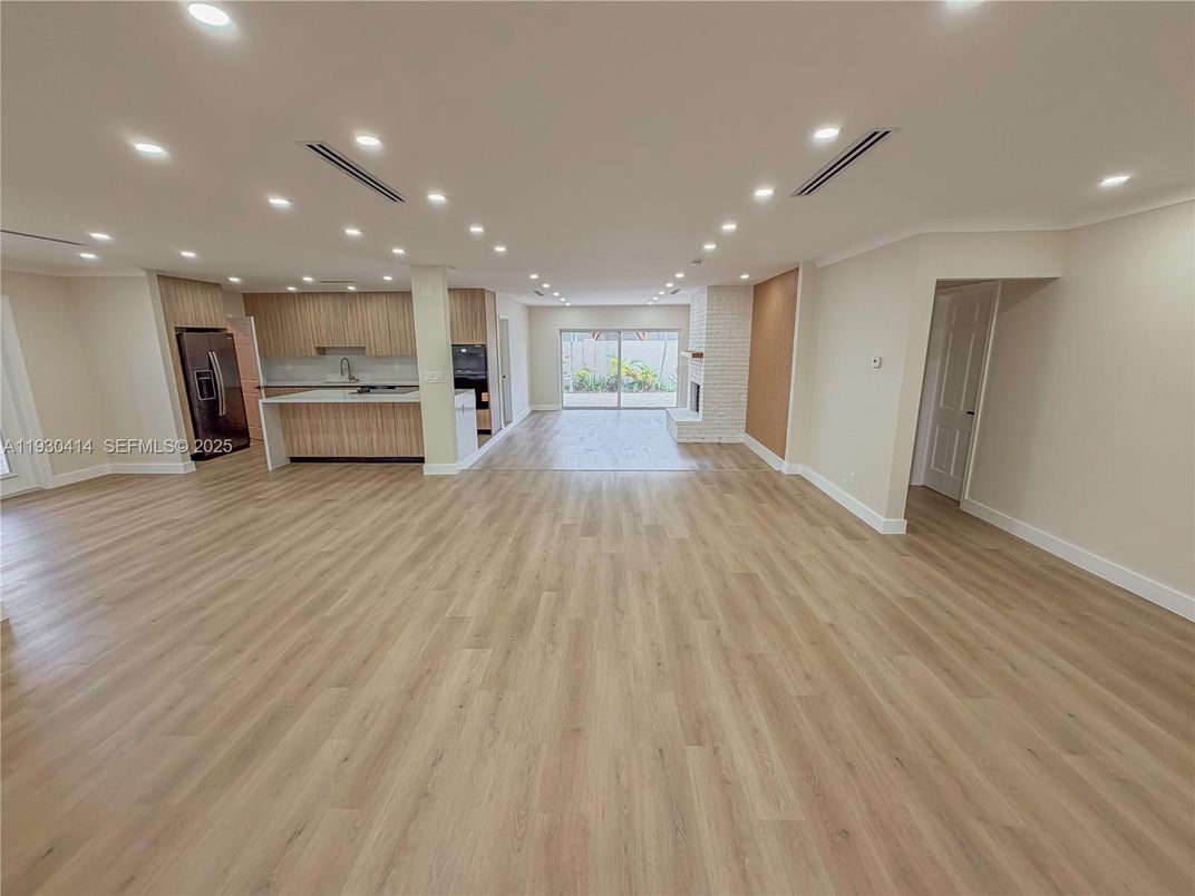 Empty room, Interior, Kitchen, Recessed Lighting, Wood Texture Flooring