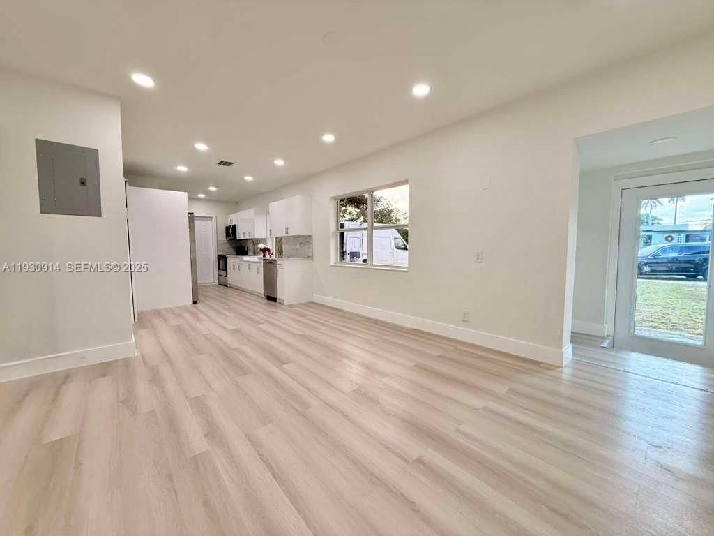 Empty room, Interior, Kitchen, Recessed Lighting, Wood Texture Flooring
