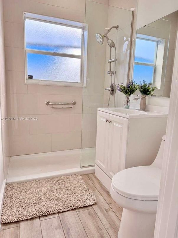 Bathroom, Glass Shower, Interior, Wood Texture Flooring