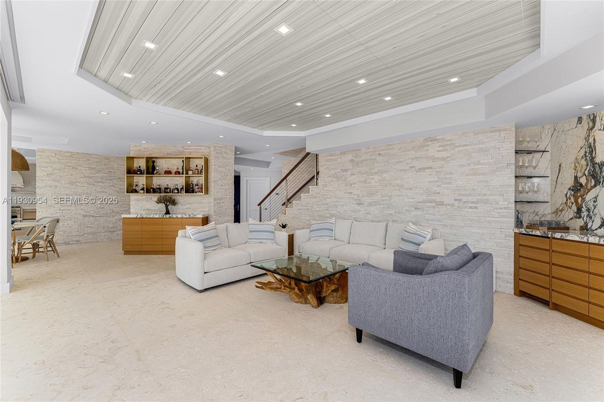 Interior, Living room, Recessed Lighting, Stone Walls