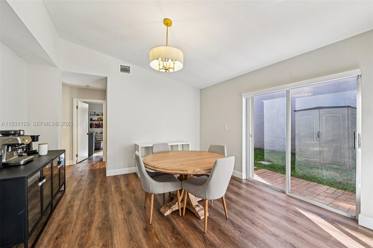 Dining room, Interior, Pendant Lights, Wood Texture Flooring