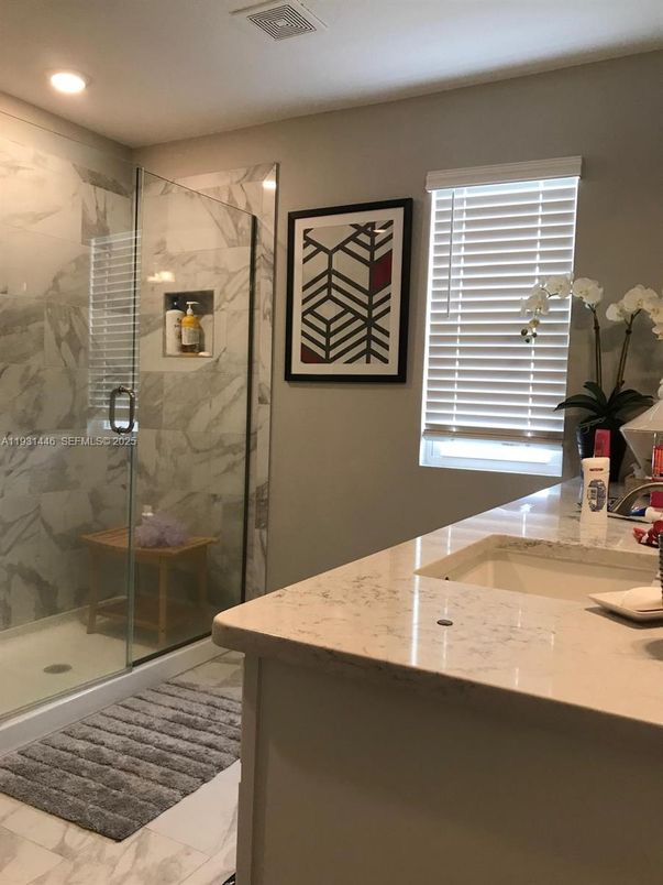 Bathroom, Glass Shower, Interior, Marble, Marble Walls, Recessed Lighting