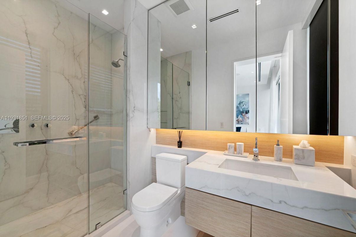 Bathroom, Glass Shower, Interior, Marble Walls, Recessed Lighting