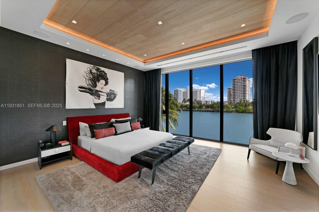 Bedroom, Interior, Recessed Lighting, Water, Wooden Ceilings, Wood Texture Flooring