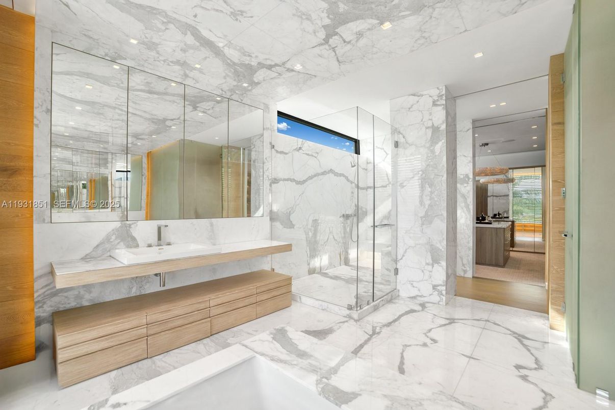 Bathroom, Glass Shower, Interior, Marble, Marble Walls, Recessed Lighting