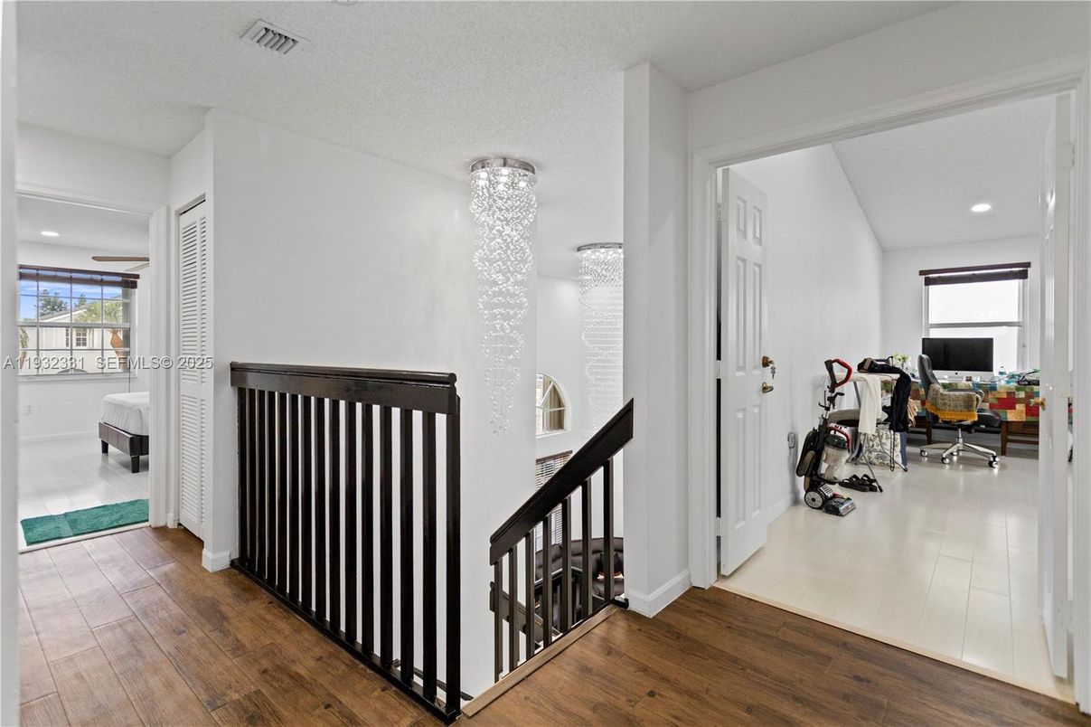 Chandelier, Home Office, Interior, Recessed Lighting, Wood Texture Flooring