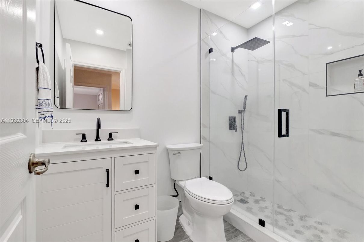 Bathroom, Glass Shower, Interior, Marble Walls, Recessed Lighting