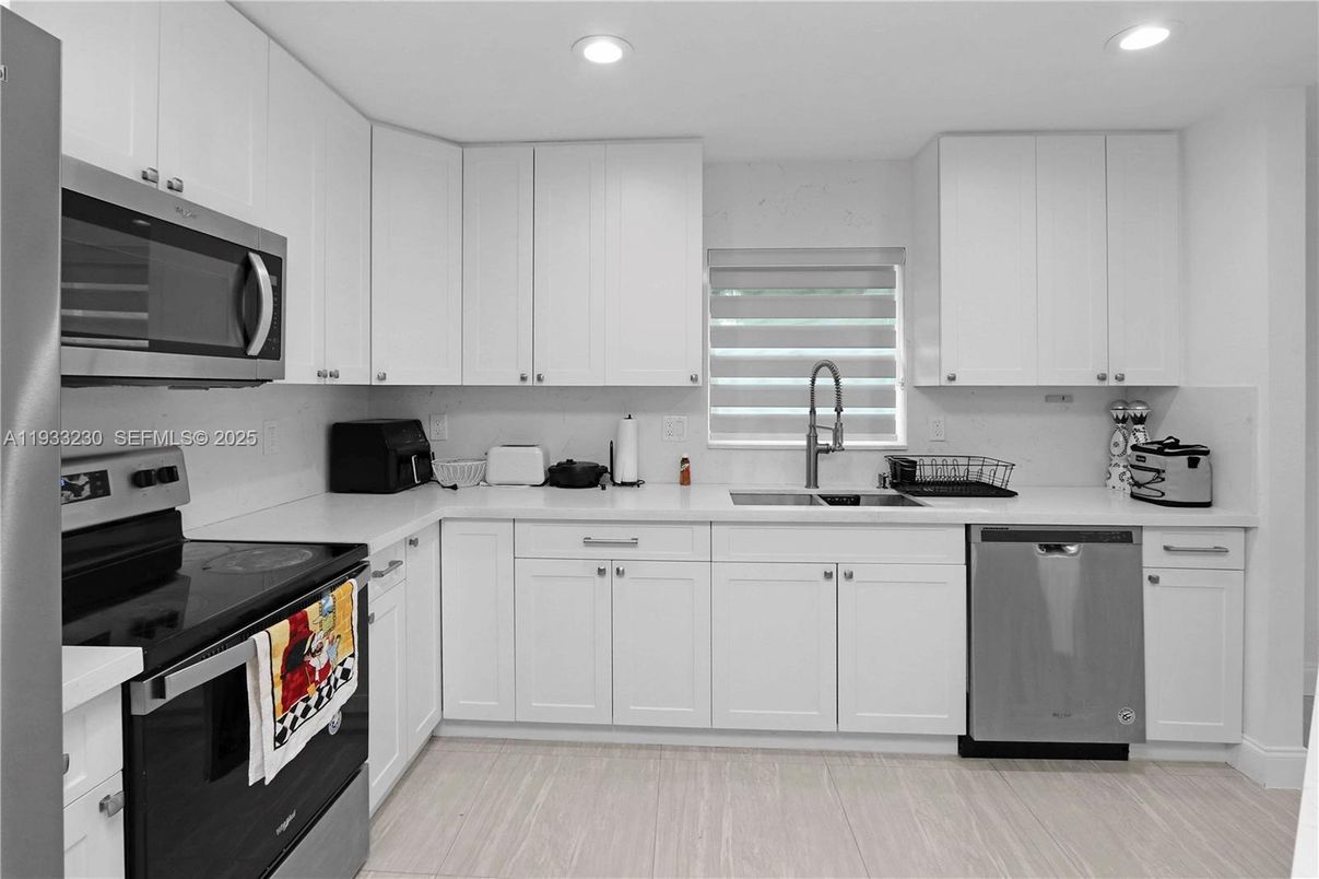 Interior, Kitchen, Recessed Lighting, Stainless Steel Appliances, Wood Texture Flooring