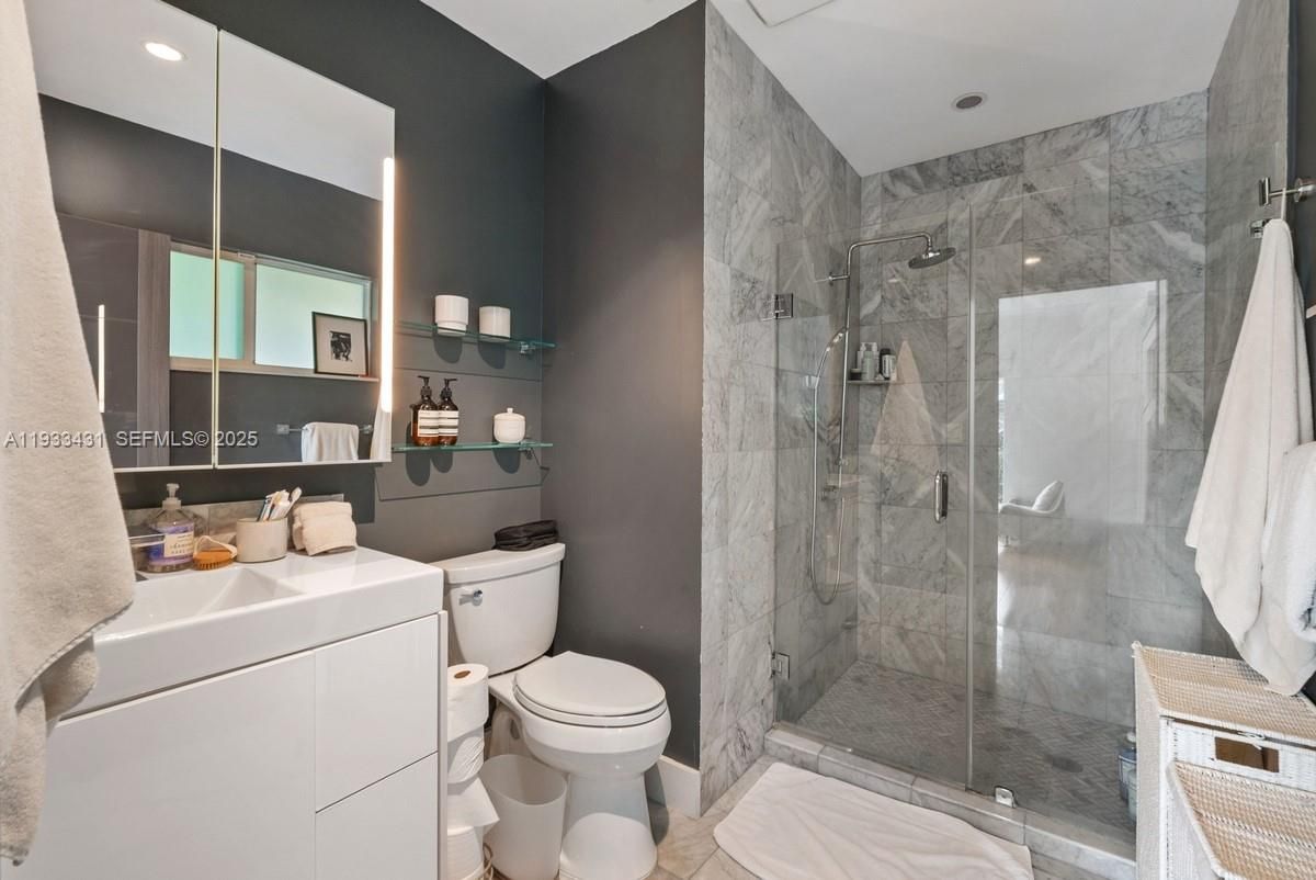 Bathroom, Glass Shower, Interior, Marble Walls, Recessed Lighting