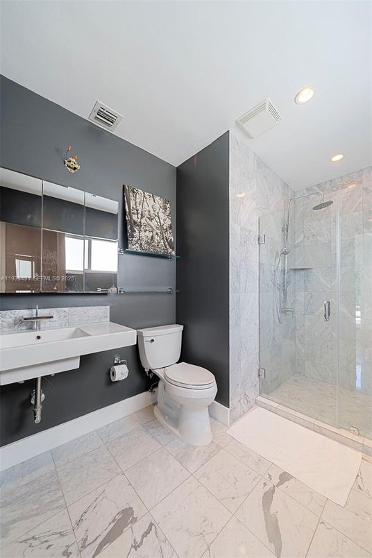 Bathroom, Glass Shower, Interior, Marble, Marble Walls, Recessed Lighting