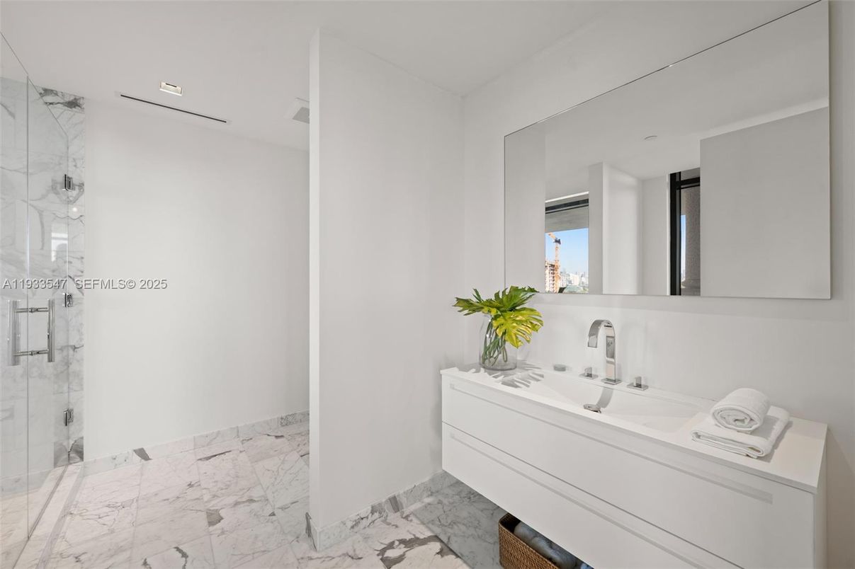 Bathroom, Dual Sink Vanities, Interior, Recessed Lighting, Wood Texture Flooring