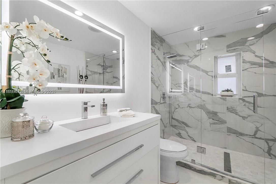 Bathroom, Glass Shower, Interior, Marble Walls, Recessed Lighting