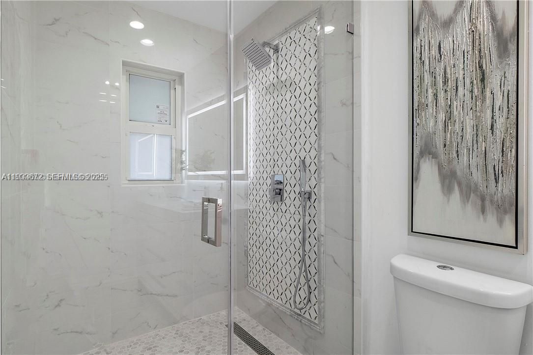 Bathroom, Glass Shower, Interior, Marble Walls, Recessed Lighting