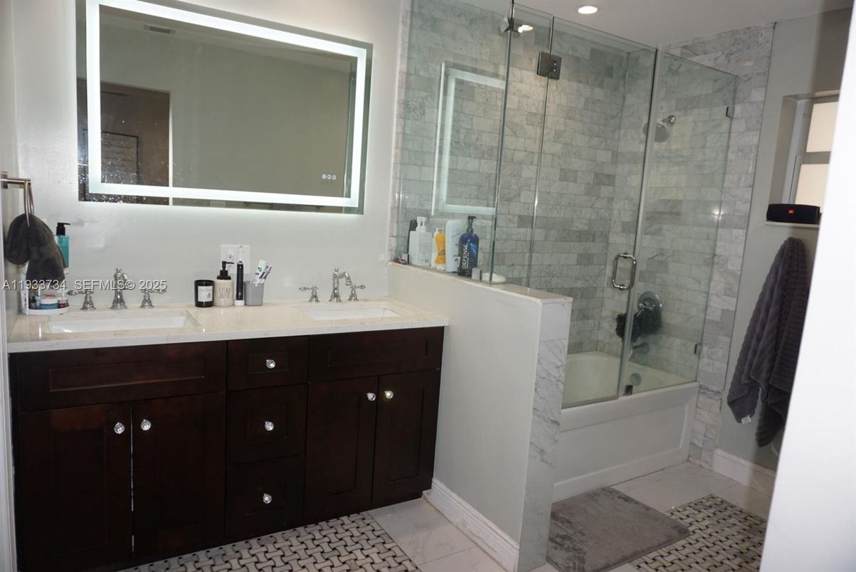 Bathroom, Dual Sink Vanities, Glass Shower, Interior, Recessed Lighting