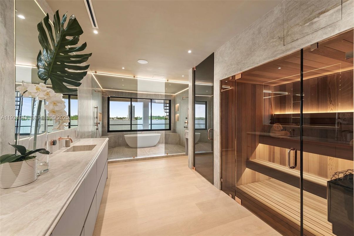 Bathroom, Free Standing Baths, Glass Shower, Interior, Recessed Lighting, Sauna Room, Water