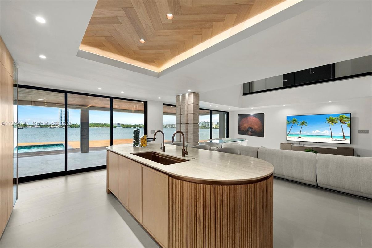 Dining room, Interior, Kitchen, Living room, Recessed Lighting, Water, Wooden Ceilings