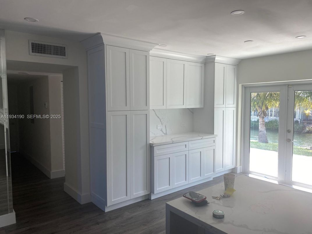 Interior, Marble Walls, Recessed Lighting, Wood Texture Flooring