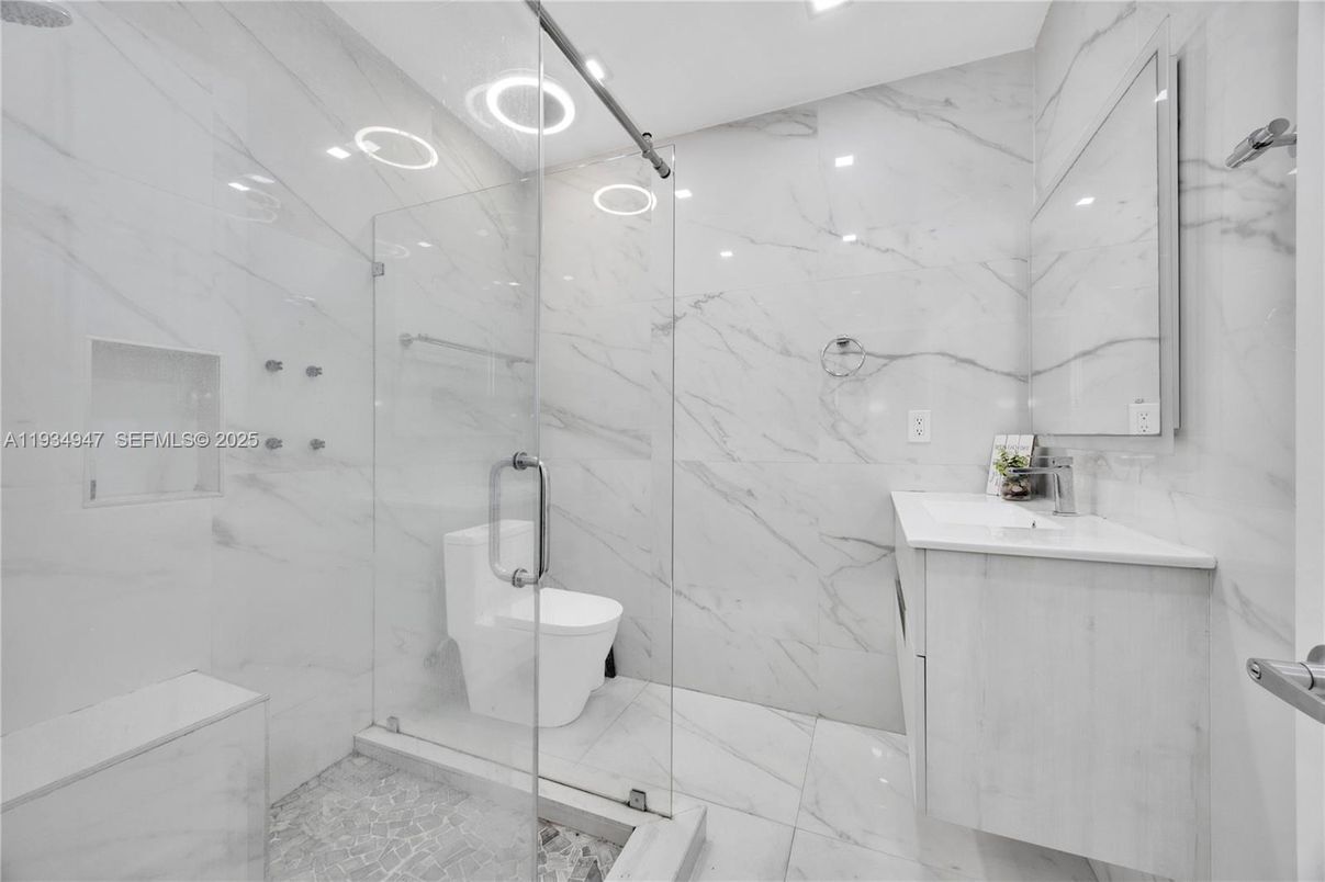 Bathroom, Glass Shower, Interior, Marble, Marble Walls, Recessed Lighting