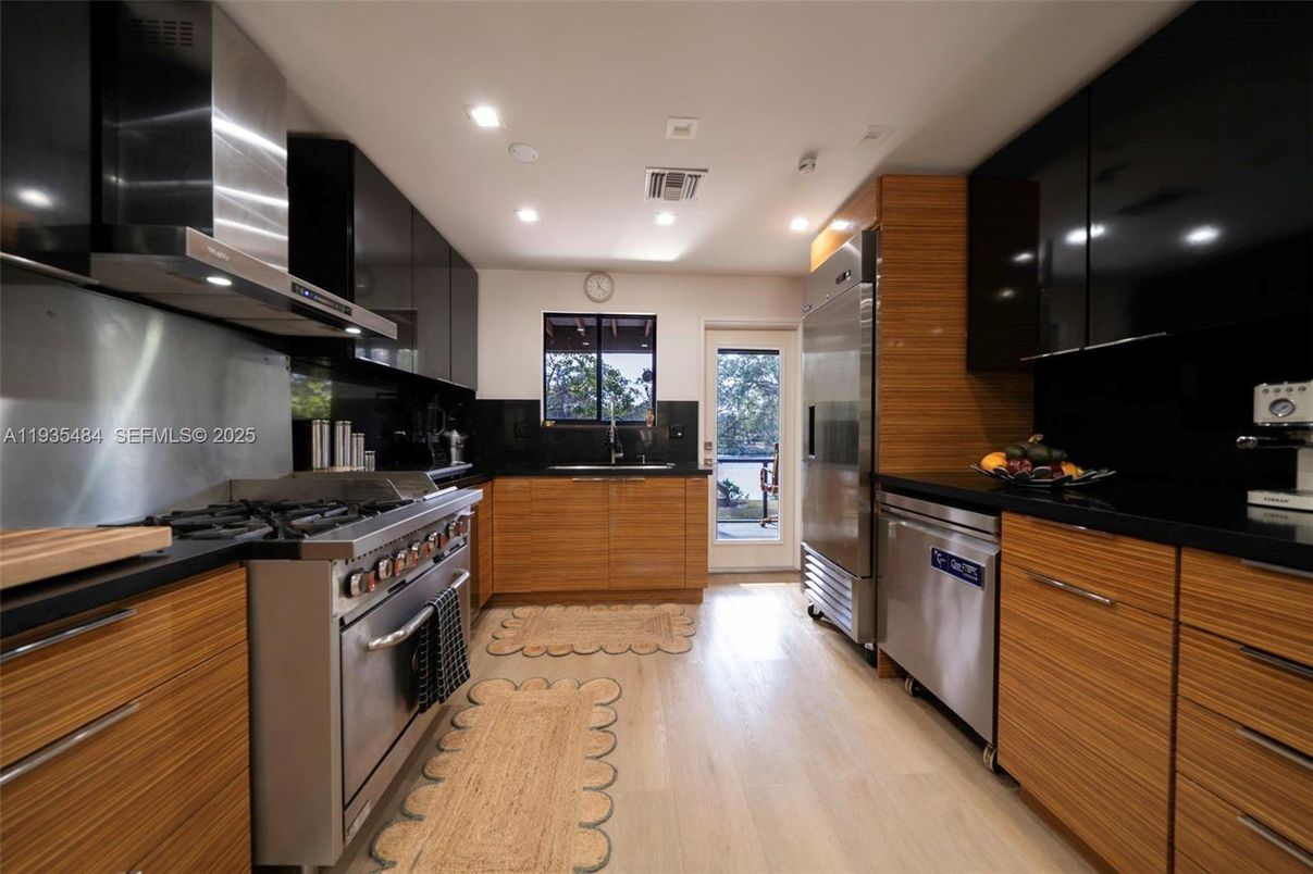 Interior, Kitchen, Recessed Lighting, Stainless Steel Appliances, Wood Texture Flooring