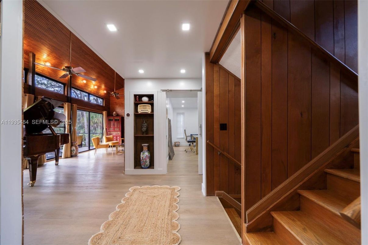 Interior, Piano, Recessed Lighting, Wood Texture Flooring, Wooden Walls