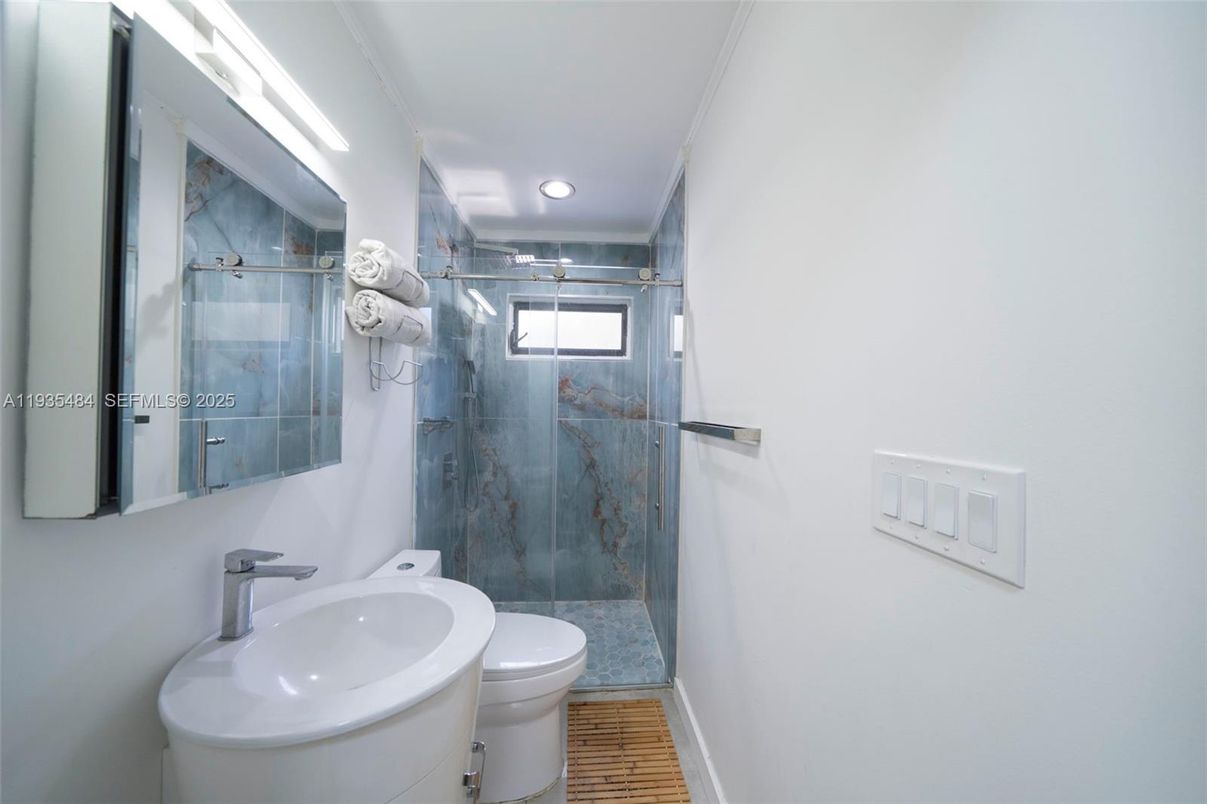 Bathroom, Glass Shower, Interior, Recessed Lighting, Wood Texture Flooring