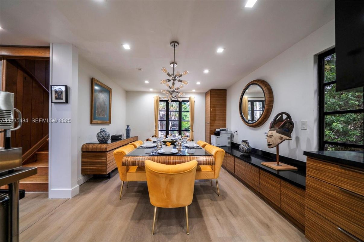 Dining room, Interior, Pendant Lights, Recessed Lighting, Wood Texture Flooring
