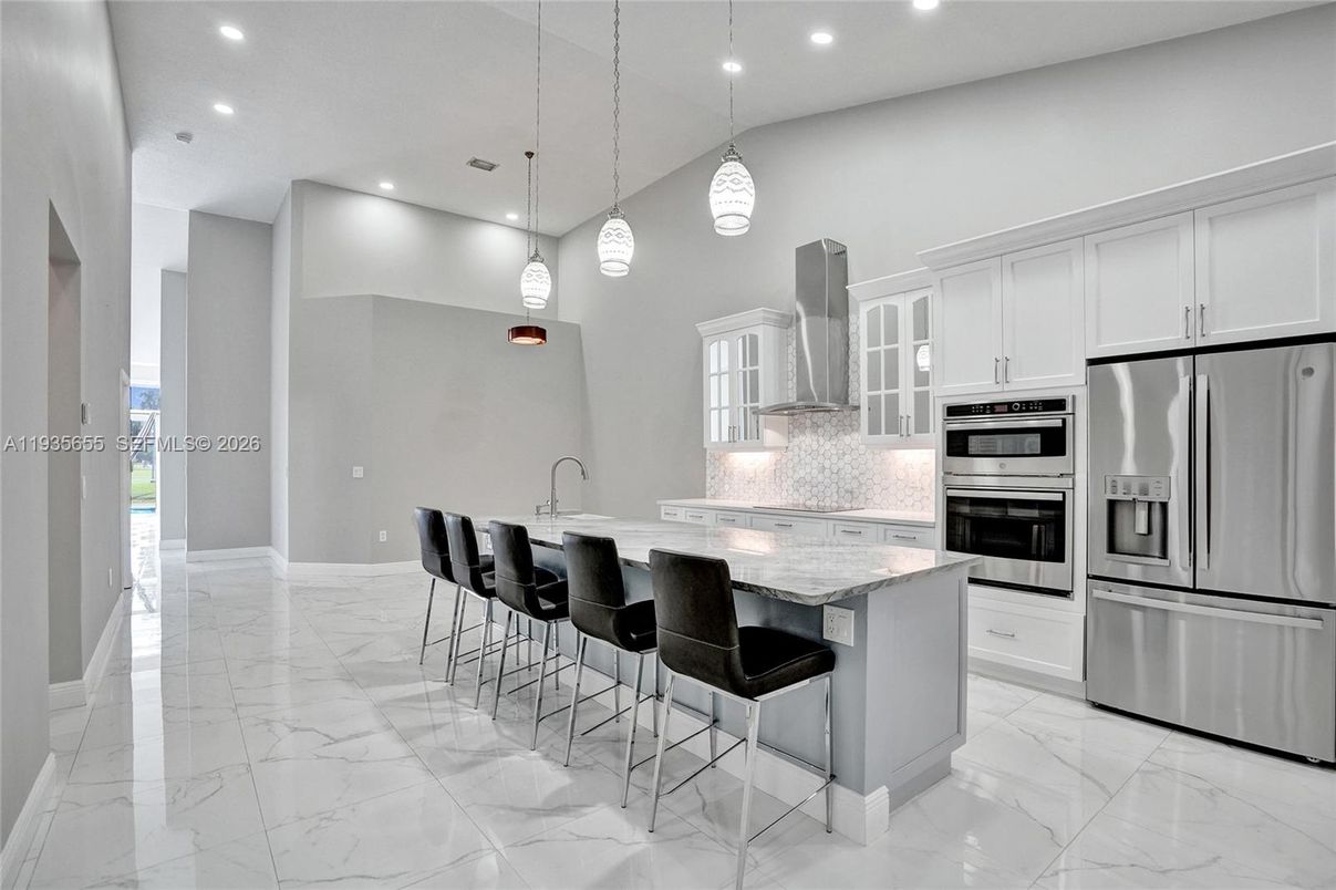 Interior, Kitchen, Marble, Pendant Lights, Recessed Lighting, Stainless Steel Appliances
