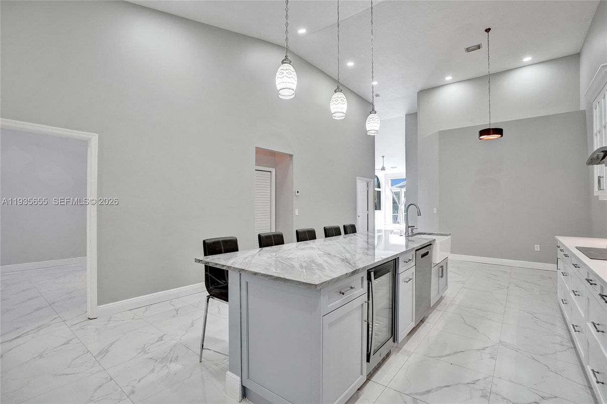 Interior, Kitchen, Marble, Pendant Lights, Recessed Lighting