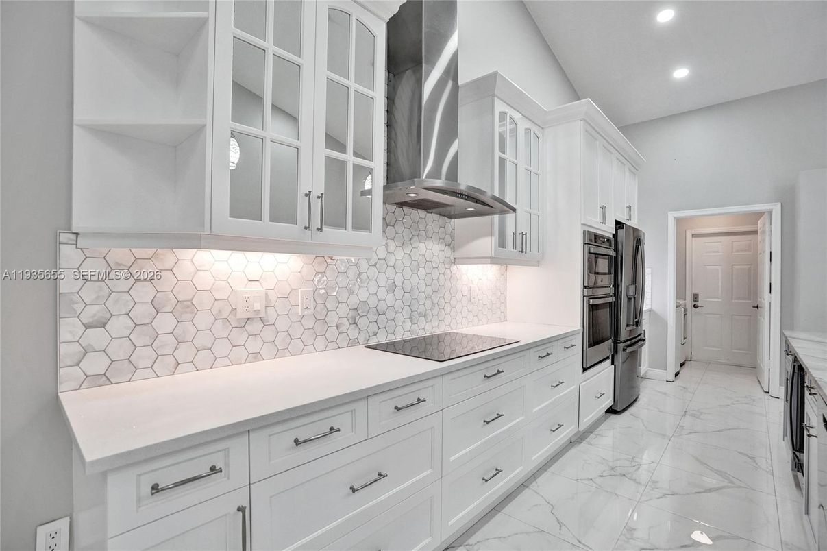 Interior, Kitchen, Marble, Recessed Lighting, Stainless Steel Appliances