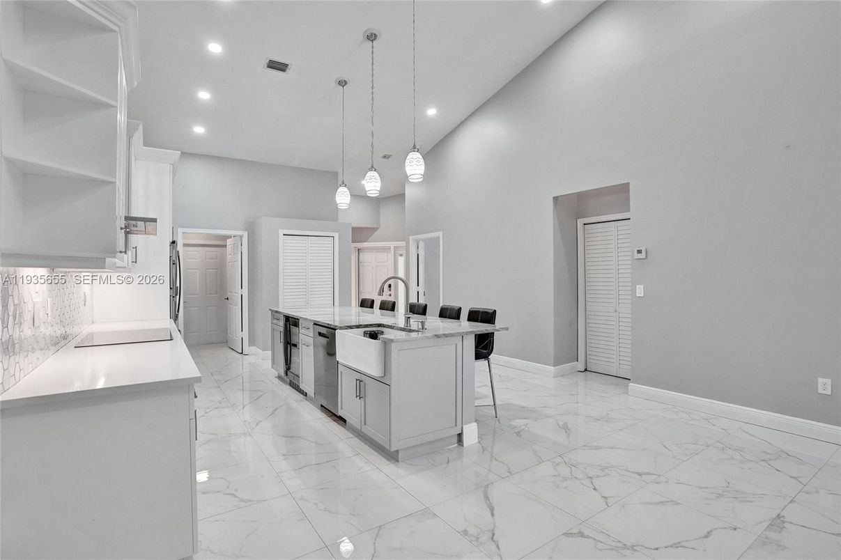 Interior, Kitchen, Marble, Pendant Lights, Recessed Lighting, Stainless Steel Appliances