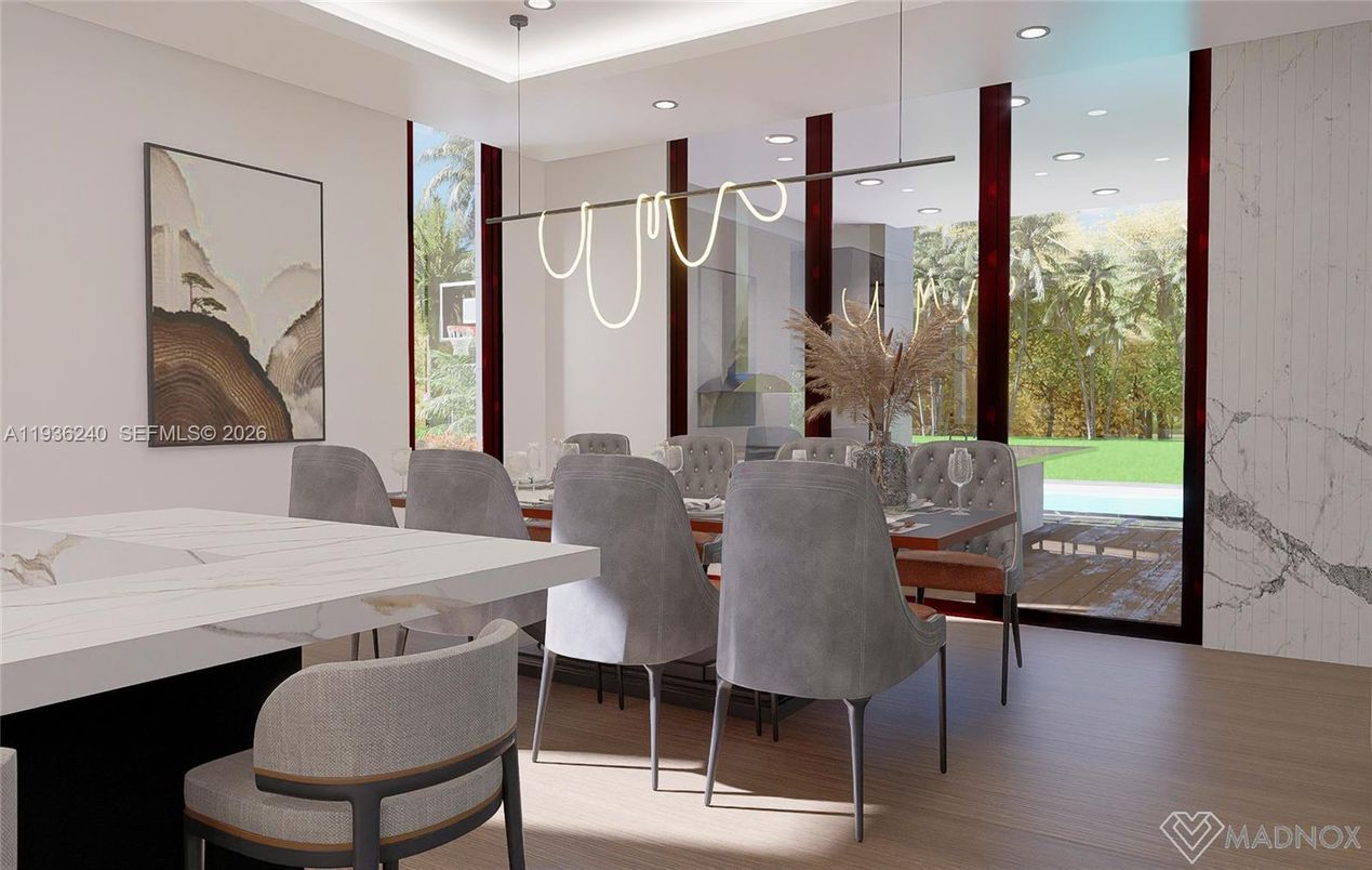 Dining room, Interior, Pendant Lights, Recessed Lighting, Wood Texture Flooring