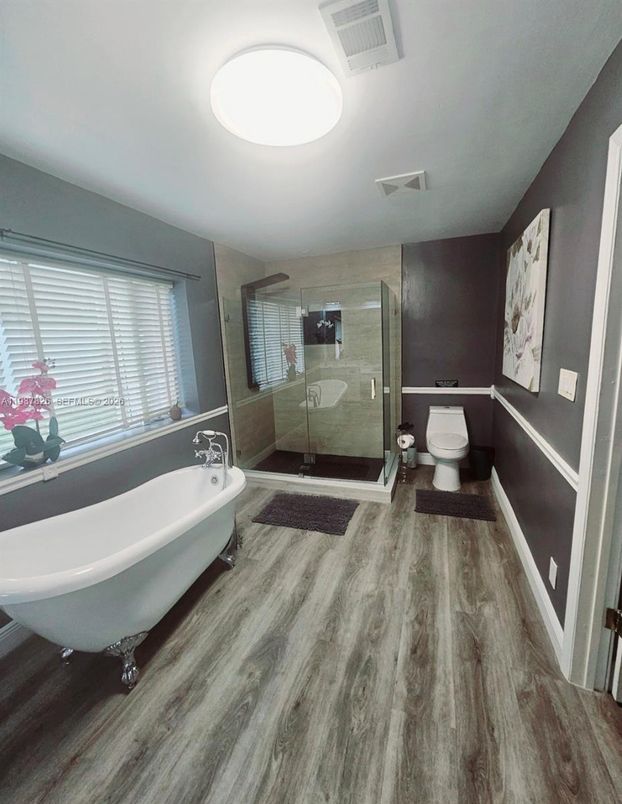 Bathroom, Free Standing Baths, Glass Shower, Interior, Wood Texture Flooring