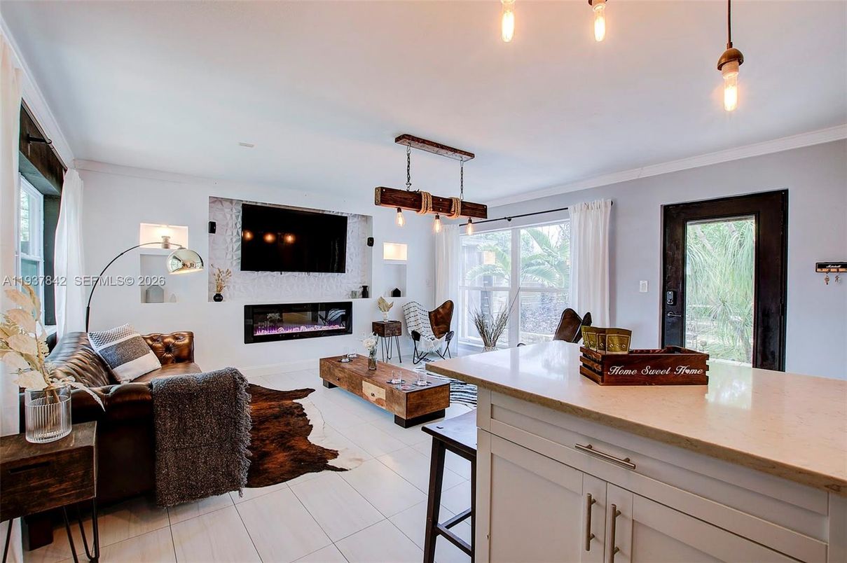 Fireplace, Interior, Kitchen, Living room, Pendant Lights