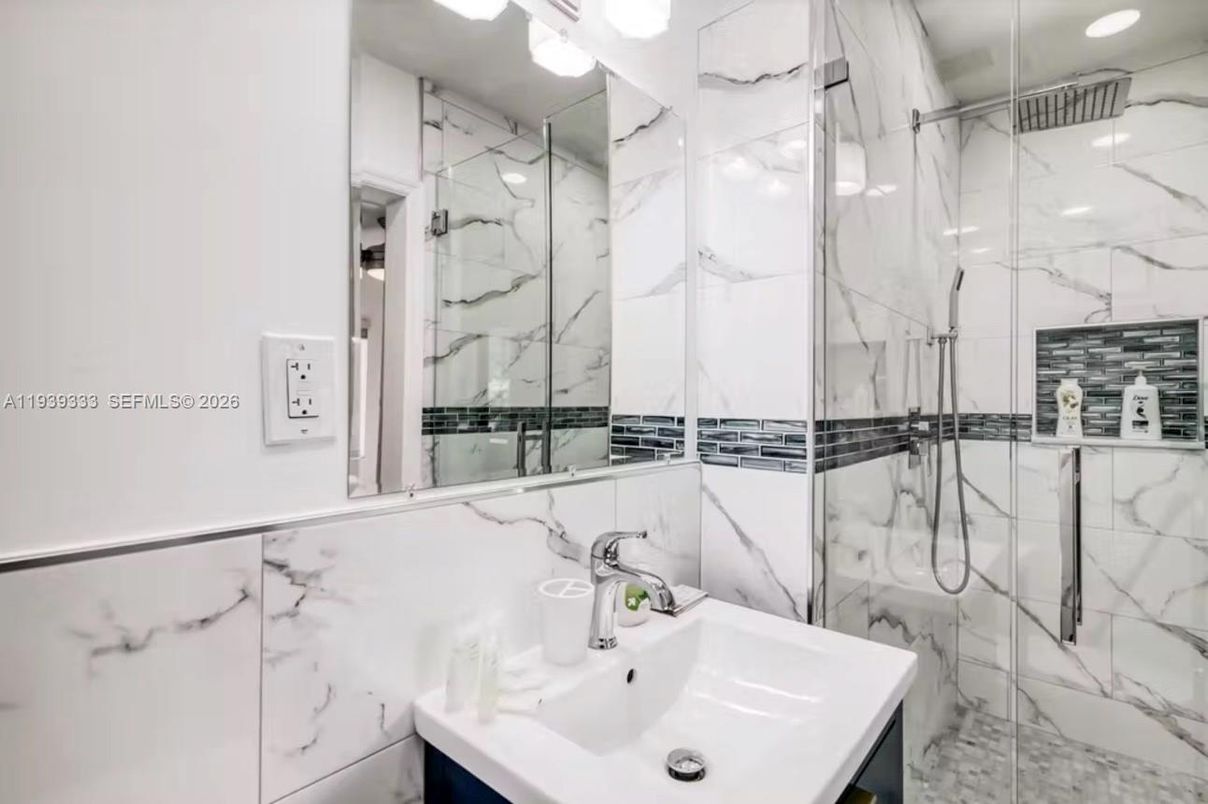 Bathroom, Glass Shower, Interior, Marble Walls, Recessed Lighting