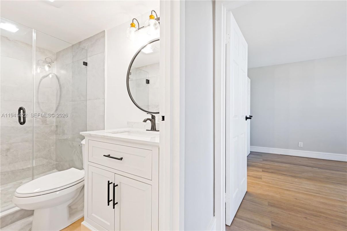 Bathroom, Glass Shower, Interior, Wood Texture Flooring