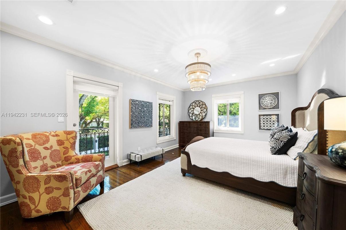 Bedroom, Chandelier, Interior, Recessed Lighting, Wood Texture Flooring