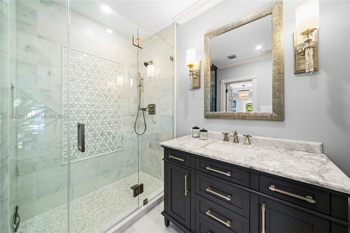 Bathroom, Glass Shower, Interior, Marble Walls, Recessed Lighting