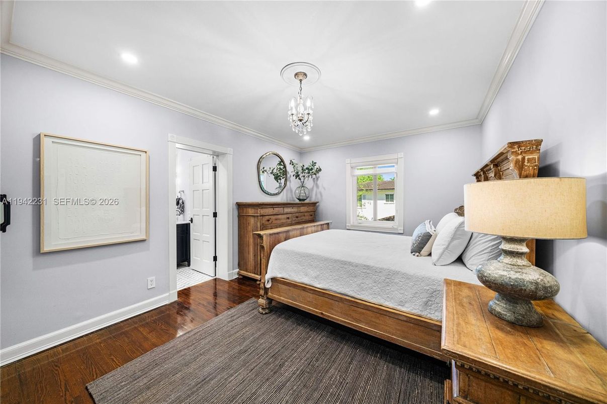 Bedroom, Chandelier, Interior, Recessed Lighting, Wood Texture Flooring