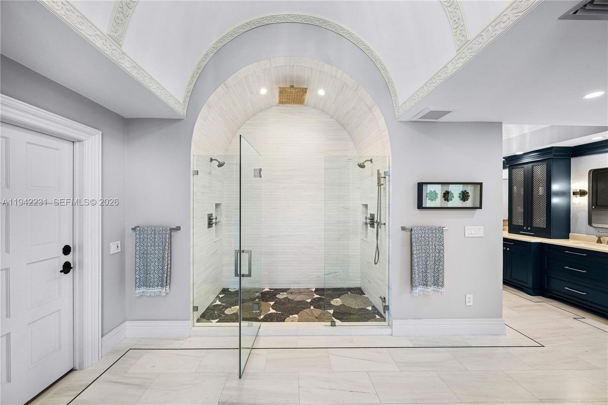 Bathroom, Glass Shower, Interior, Marble, Recessed Lighting