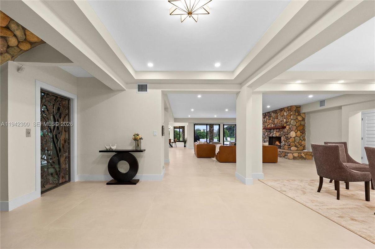 Fireplace, Interior, Living room, Recessed Lighting, Stone Walls