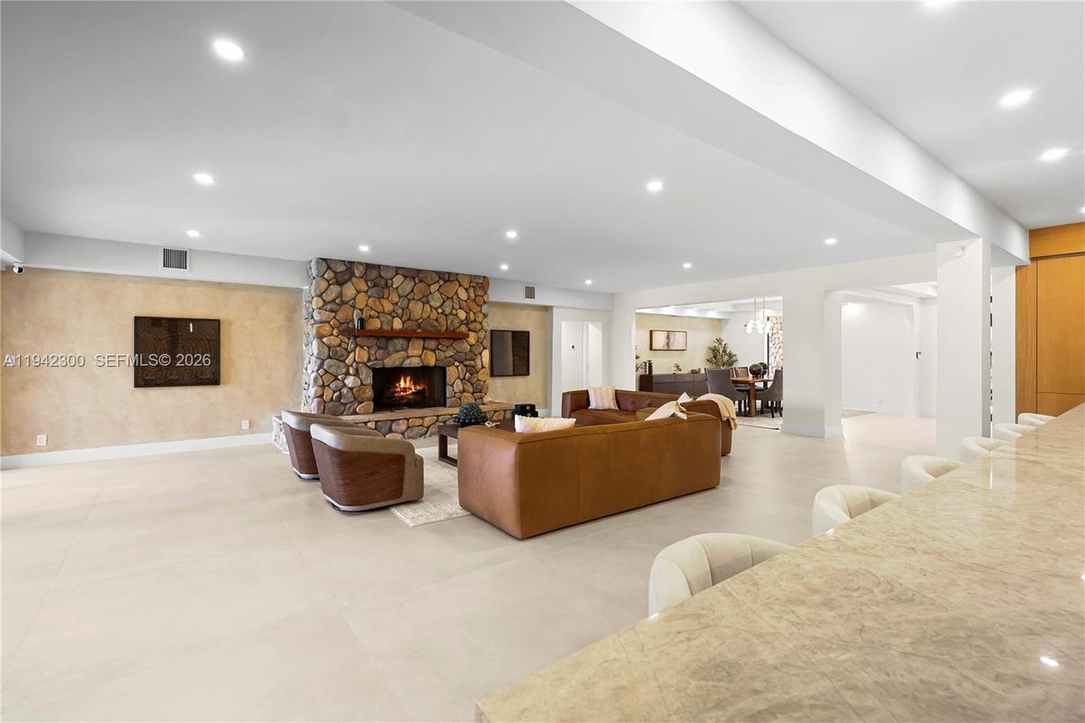 Fireplace, Interior, Living room, Recessed Lighting, Stone Walls