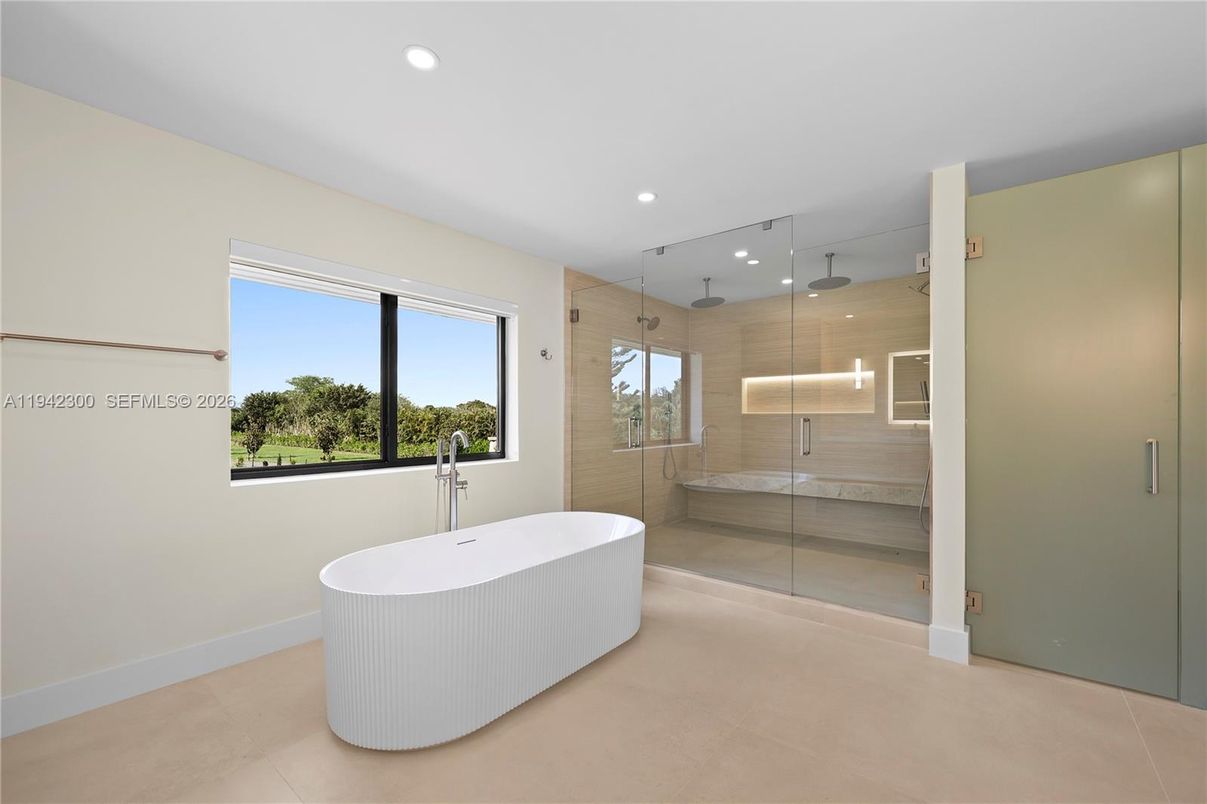 Bathroom, Free Standing Baths, Glass Shower, Interior, Recessed Lighting