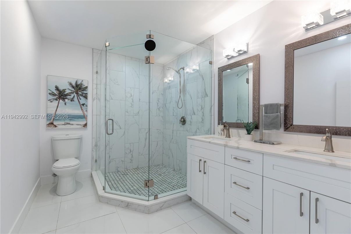 Bathroom, Dual Sink Vanities, Glass Shower, Interior, Marble Walls