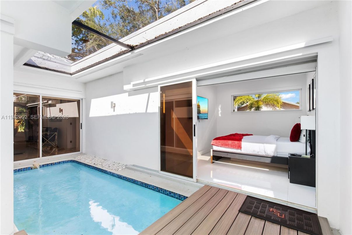 Bedroom, Glass Ceilings, Interior, Pool, Sun Room, Wood Texture Flooring