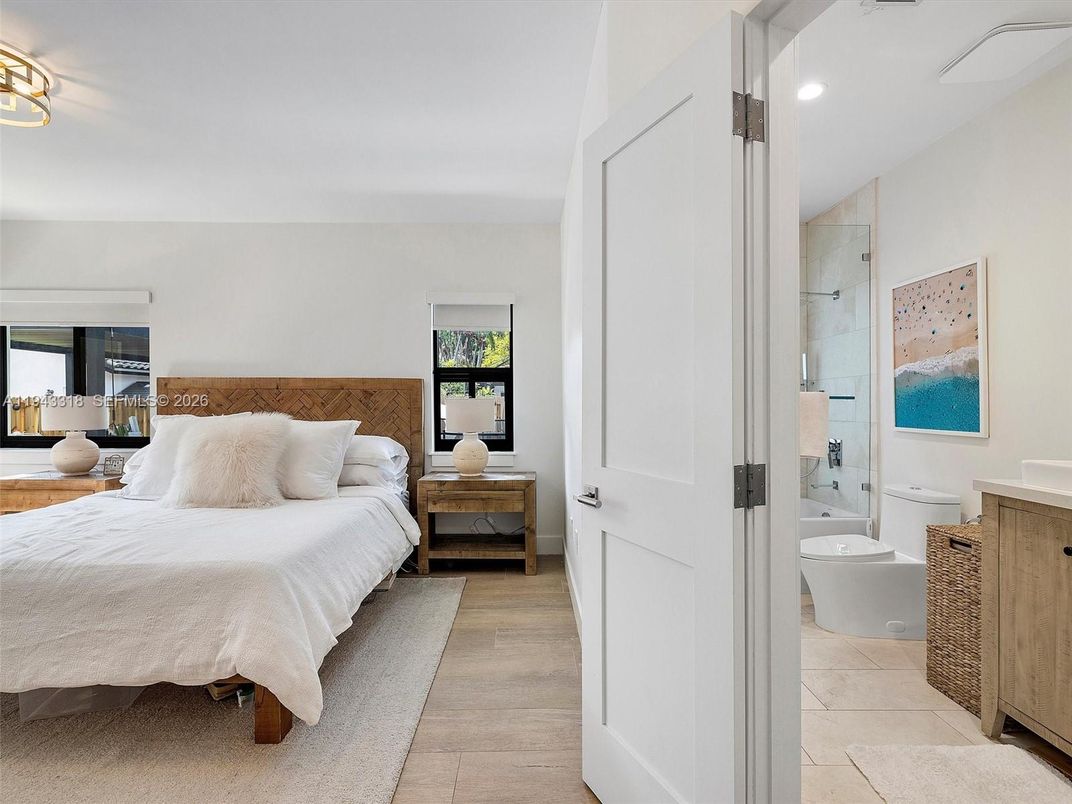 Bathroom, Bedroom, Glass Shower, Interior, Recessed Lighting, Wood Texture Flooring