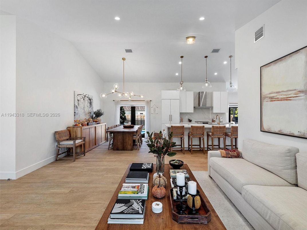 Dining room, Interior, Kitchen, Living room, Pendant Lights, Recessed Lighting, Wood Texture Flooring